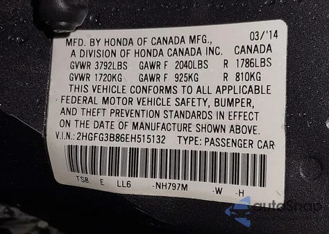 2014 Honda Civic Ex from USA, damaged, VIN 2HGFG3B86EH515132
